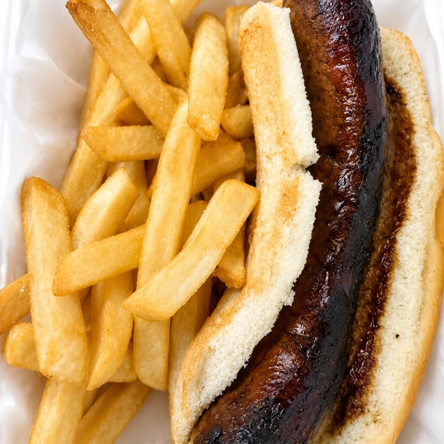 Jerk Chicken Hot Link & Fries.