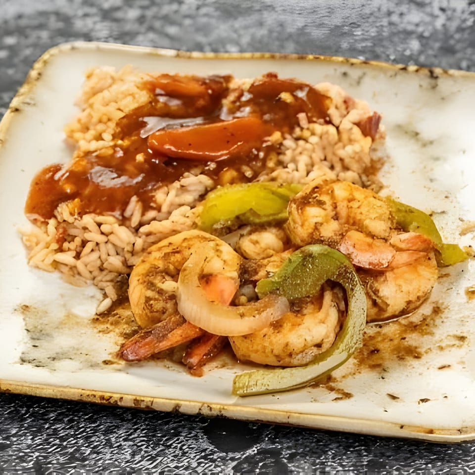Jerk N Go's Jamaican shrimp and rice dish, with peppers, onions, and a rich brown sauce.