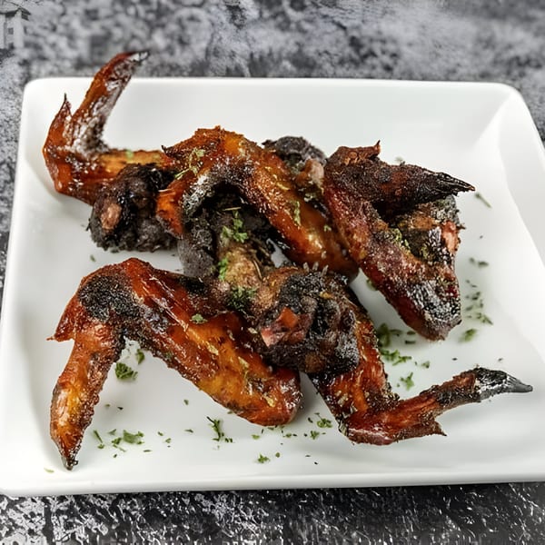 Jerk N Go's Jamaican jerk chicken wings, glistening with sauce and sprinkled with herbs on a white plate.